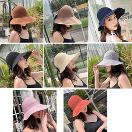 Wide Brim Hats Women Woven Mesh For Sun Visor Bow Open Top Roll-Up Packable Sunscreen Beach