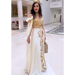 Modern Arabic Kaftan Evening Dresses Two Pieces A Line Long Special Occasion Dress With Gold Lace Appliques Beaded Off The Shoulder Prom Gown