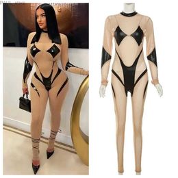 Women's Jumpsuits Rompers Patchwork Mesh Jumpsuits Women Sexy O Neck Long Sleeve See Through Slim Skinny Overalls Fashion Party Clubwear Hipster RompersL231212