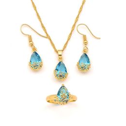 18K Yellow Gold GF Pendant Earrings Ring ed chain Water Drop sapphire Crystal Rectangle Gem with Channel Bridal Jewellery273Q