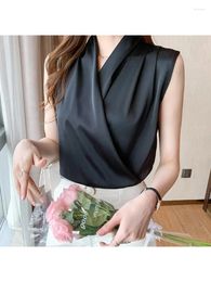 Women's Blouses 2024 Women Tops Solid Colour White Satin Blouse Office Shirt Blusas Sleeveless Casual Shirts Black Female