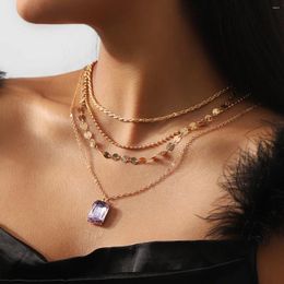 Pendant Necklaces Punk Multilayer Purple Crystal Gold Plated Circle Round Link Chain Choker Necklace Women Twist Clavicle Neck Jewelry