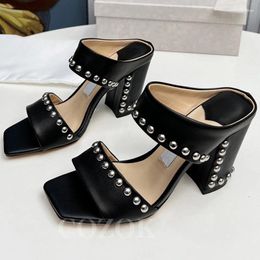 Slippers Summer Ladies 2023 Square Head One Strap Design High Heel Sandals Unique Metal Decoration Banquet Female Pumps