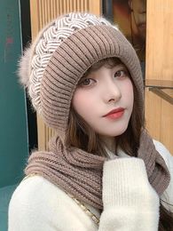 Hats LANMREM Knitted Hat For Women Thickened Scarf Integrated Keep Warm Color Block Female Cute Winter 2023 2DA2341