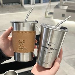 Water Bottles Stainless Steel Coffee Mug with Straw Lid Portable Cup Drinking Beer Milk Restaurant Bar Party 500ml 231212