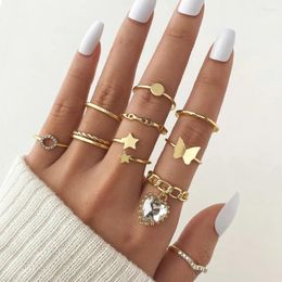 Cluster Rings Crystal Butterfly Set Vintage Gold Color Hollow Circle Finger Ring Star Heart Fashion Jewelry For Women