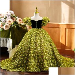 Flower Girls' Dresses 2023 New Green Flower Girl Dresses Princess Ball Gown 3D Hand Made Flowers Lace Appliques Beads With Sweep Train Ots6P