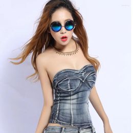 Women's Tanks #1080 Beach Style Sexy Blue Tops For Women Summer Night Club Cowboy Vest Ladies Slim Fit Wrap Chest Cotton Skinny Elastic