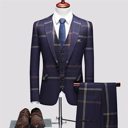 Men s Suits Blazers 3 Pcs Set Coat Vest Pants 2023 Fashion Casual Boutique Business Plaid Slim Formal Dress Jacket Waistcoat o231211