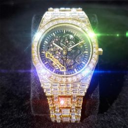 Wristwatches MISSFOX Hollow Mechanical Man Wristwatch Square Diamond Iced Out Watches Gentleman Luxury High-end Men Watch Business2162