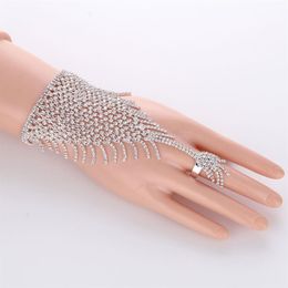 Slave Silver Hand Crystal Chain Ring Bridal Bracelet Bangle Rhinestone Hand Decoration Wedding Cuff Attached Ring Set Gold212Q