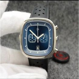 ikwatches--Classic Watch Chronograph Quartz Stopwatch Blue Dial Black rubber Belt Mens Watches Sports Square Gent Watch man's329D