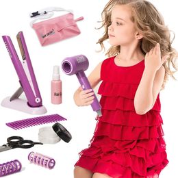 Beauty Fashion Kids Toys Pretend Play Hairdressing Hair Simulation Game Children Styling Tools Blow Dryer Curler Makeup Kit For Girls 231211