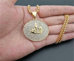 Hip Hop Iced Out Round Pendant Necklace Stainless Steel Islam Muslim Arabic Gold Colour Prayer Jewellery Drop 210929294e8050935