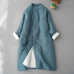 Women's Trench Coats Chinese Linen Quilted Cotton Coat Autumn Winter Vintage Stand Collar Plate Buckle Long Comfortable Warm Jacket Z4000