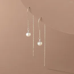 Dangle Earrings Real 925 Sterling Silver Long Pearl Drop Sweet Pull Through Threader For Women Hypoallergenic Jewellery
