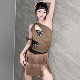 Stage Wear Latin Dance Dress Women Sloping Shoulder Tops Tassel Skirt Adult Cha Rumba Samba Clothes Sexy Practise DNV18980