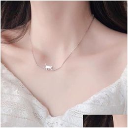 Pendant Necklaces Pendant Necklaces Fashion Walking Cat Curved Cute Animal Necklace For Women Simple Sier Colour Clavicle Chain Jewellery Dhwvz