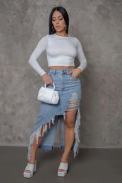 Skirts Personality Street Spring 2023 Worn Tassel Denim Skirt Long Non-Elastic Daily Commuting Blue