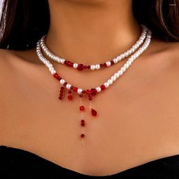 Choker Salircon Halloween Red Crystal Beads Double Layer Short Necklace Trendy Gothic Imitation Pearl Cosplay Party Jewelry Gift