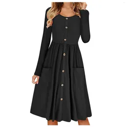 Casual Dresses For Women 2023 Long Sleeve Pocket Button Solid Design Knee Length Dress Plus Size Loose T-Shirt