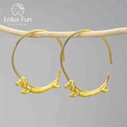 Lotus Fun Lovely Flying Dachshund Dog Big Round Hoop Earrings Real 925 Sterling Silver 18K Gold Earrings for Women Jewellery 210507235B