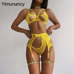Bras Sets Yimunancy 4Piece Mesh Exotic Set Women Choker Bandage Fancy Kit Yellow Cut Out Sexy Lingerie 231211