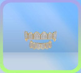 Shining Hip Hop Grillz Iced Out CZ Fang Mouth teeth grills Caps Top Bottom tooth Set Men Women Vampire Grills Fashion Jewelry9049274