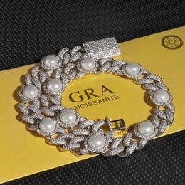 Collana cubana con perle larghe 17 mm, argento massiccio placcato oro 18 carati Vvs Moissanite Pass Diamond Tester Gra per collana da uomo