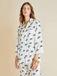 Women's Sleepwear Marthaqiqi Causal Printing Ladies Pajamas Set Turn-Down Collar Nightgowns Long Sleeve Nightwear Pants Loose Home Clothes