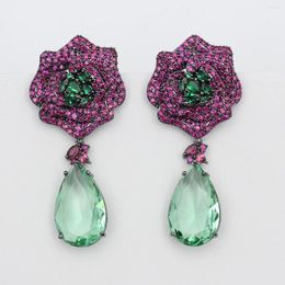 Dangle Earrings Luxury Jewellery Rose Purple Flower For Women Green Water Drop Hanging Evening Party Wedding Gift