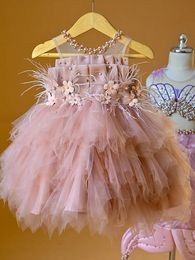 Girl s Dresses Kids Girls Beading Party Dress for Children Feather Ruffles Princess Costume Dust Pink Evening Vestido Flowers Handmade Wear 231211