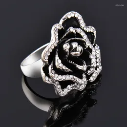 Cluster Rings KIOOZOL Black Silver Color Rose Flower Micro Inlaid Cubic Zirconia Ring For Women Vintage Jewelry Accessories