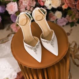 Sandals Spring/Summer Pointed V-Mouth Hollow Satin Water Diamond Wedding Shoes Thin High Heels Banquet Dress Women's