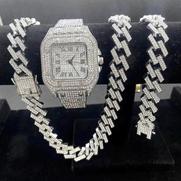 Wristwatches 3PCS Iced Out Watches For Men Gold Watch Quartz 15mm Cuban Link Chains Bracelet Necklaces Diamond Jewellery Man Reloj274Y