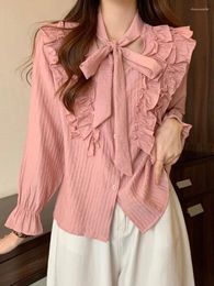 Women's Blouses Korejepo Autumn Loose Shirts Temperament Sweet Wood Ear Edge Bow Shirt Women Korean Trumpet Long Sleeved Solid Age Reducing