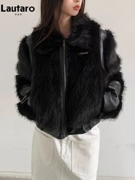 Womens Leather Faux Lautaro Autumn Winter Cool Short Black Soft Thickened Warm Hairy Shaggy Patchwork Fox Fur Coat Women Fluffy Jacket 231212