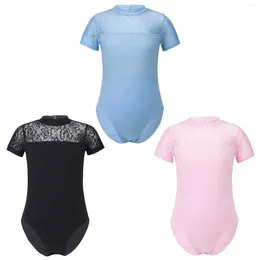 Stage Wear Kids Girls Ballet Dance Costume Short Sleeve Floral Lace Breathable Dancewear Leotard Sports Gymnastic Yoga Competition Bodysuit