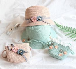 Baby Girl Straw Hat Summer Beach Breathable Wide Brim Hats Bow Sunscreen Straw flower Cap and Bag Set LJJA24875735302