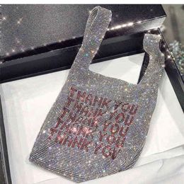 Nxy Handbag Thank You Sequins Bags Women Small Tote Crystal Bling Fashion Lady Bucket Vest Girls Glitter Purses Brand 0214236T