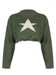 Women's Sweaters Women Cropped Loose Knit Sweater Star Pattern Long Sleeve Pullovers Fall Winter Crew Neck Jumpers Streetwear