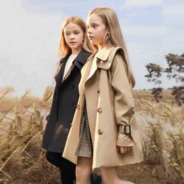 Jackets 2023 Spring Autumn Girls Windbreaker Mid-Length British Style Casual Windproof Coat For 4-14 Years Old Kids