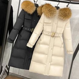 Women's Down Parkas Large Real Raccoon Fox Fur Long Down Jacket Women 90% White Duck Down Coat Loose Hooded Thick Parkas Female Overcoat With Belt 231211