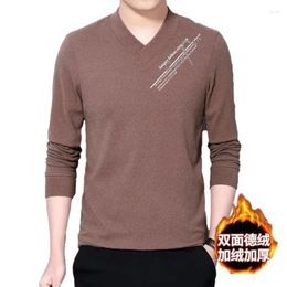 Men's T Shirts Autumn Winter Solid Color Fashion Long Sleeve T-Shirts Man High Street Casual V-neck Plus Velvet Warm All-match Y2K Pullover