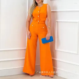 Women's Two Piece Pants Elegant Buttoned Sleeveless Shirt Tank Crop Top & High Waist Wide Leg Set Women Casual Tracksuit Outfits