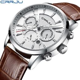 CRRJU New Fashion Men Watches Analogue Quartz Wristwatches 30M Waterproof Chronograph Sport Date Leather Band Watches montre homme290F