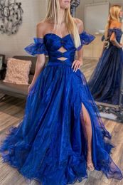 Modern Royal Blue Organza Prom Dresses Side Split Sexy Off Shoulder Long Evening Gowns For Women Sweetheart Neckline A Line Special Occasion Dress 2024