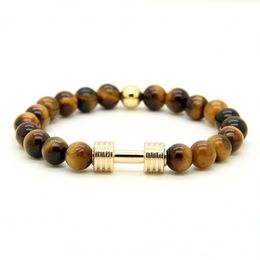 1PCS Real Gold Plated Metal Bracelet New Barbell & 8mm Grey Picture Jasper A Grade Tiger Stone Beads Fitness Fashion Dumbbell246o