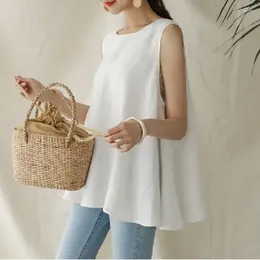 Women's Blouses Casual Sleeveless Cotton Linen Shirt Women With Belt Summer Blouse Solid Round Collar Loose Tank Tops Clothes Blusa 27938