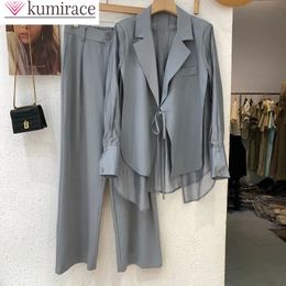 Women's Two Piece Pants Summer Hollow Sun Protection Chiffon Shirt Blazer Wide Leg Set Elegant Office Outfits 231211